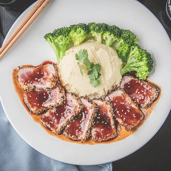 Seared tuna with sesame seeds, teriyaki sauce, mashed potatoes, and broccoli on a white plate.